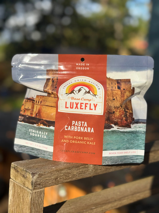 Pasta Carbonara with bacon and organic kale