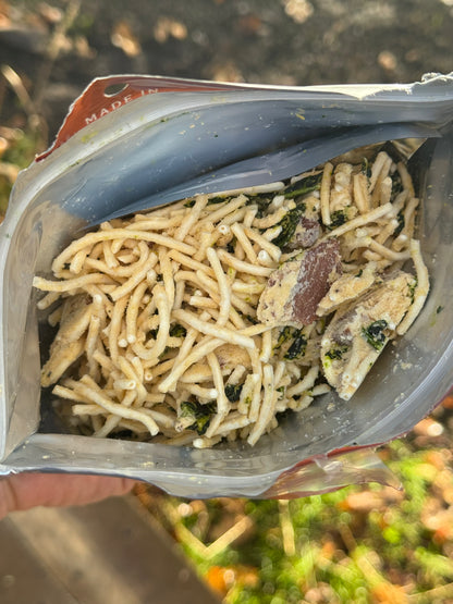 Pasta Carbonara with bacon and organic kale